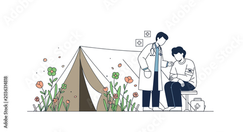 Schilderij op canvas Doctor comforting patient at a humanitarian medical camp