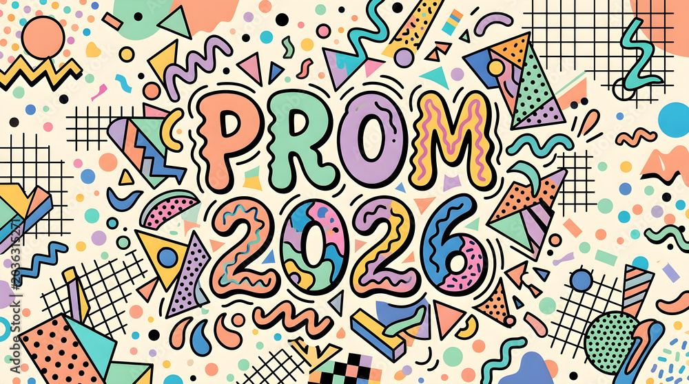 Naklejka premium Vibrant Memphis Style Prom 2026 Typography Design