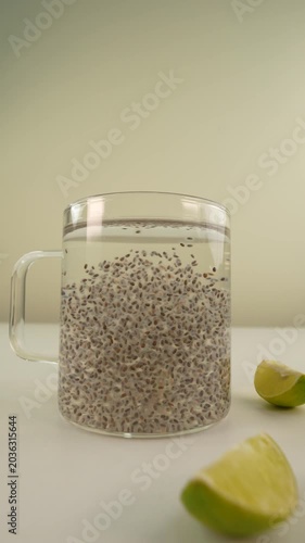 Chia seeds in water. Healthy drink.