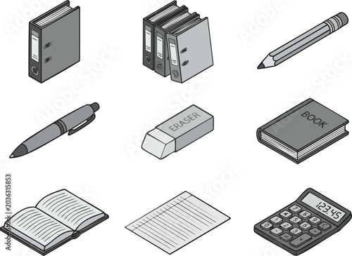 Isometric Monochrome Office and Education Supplies Icon Set