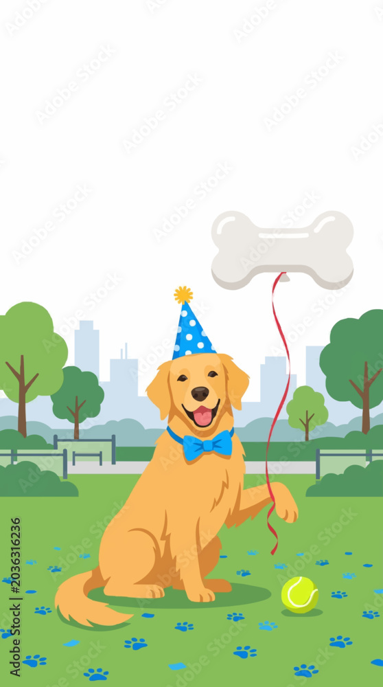 Fototapeta premium Golden Retriever Dog Wearing Party Hat in Park with Balloon Bone