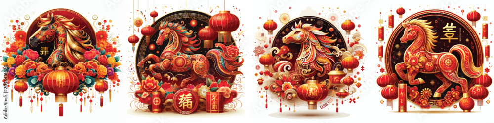 Fototapeta premium Set of Chinese New Year themed vector illustrations of the horse zodiac on a simple white background