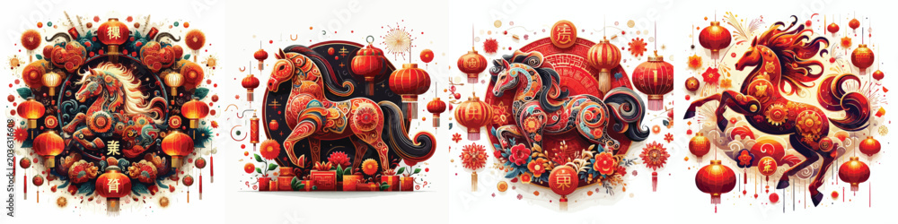 Fototapeta premium Set of Chinese New Year themed vector illustrations of the horse zodiac on a simple white background