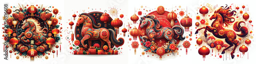 Cuadro en lienzo Set of Chinese New Year themed vector illustrations of the horse zodiac on a sim