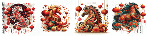 Cuadro en lienzo Set of Chinese New Year themed vector illustrations of the horse zodiac on a sim