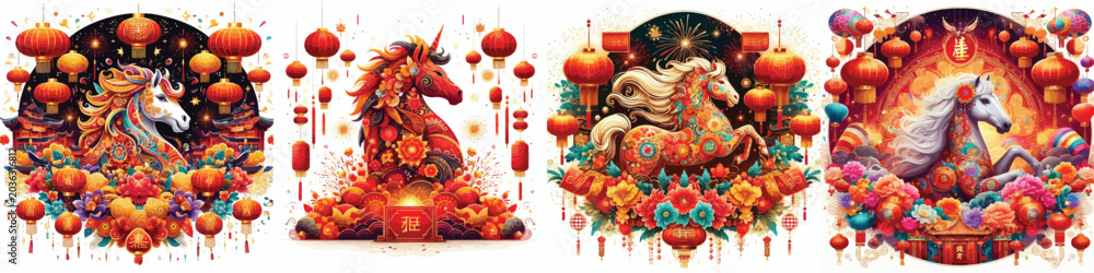 Obraz premium Set of Chinese New Year themed vector illustrations of the horse zodiac on a simple white background