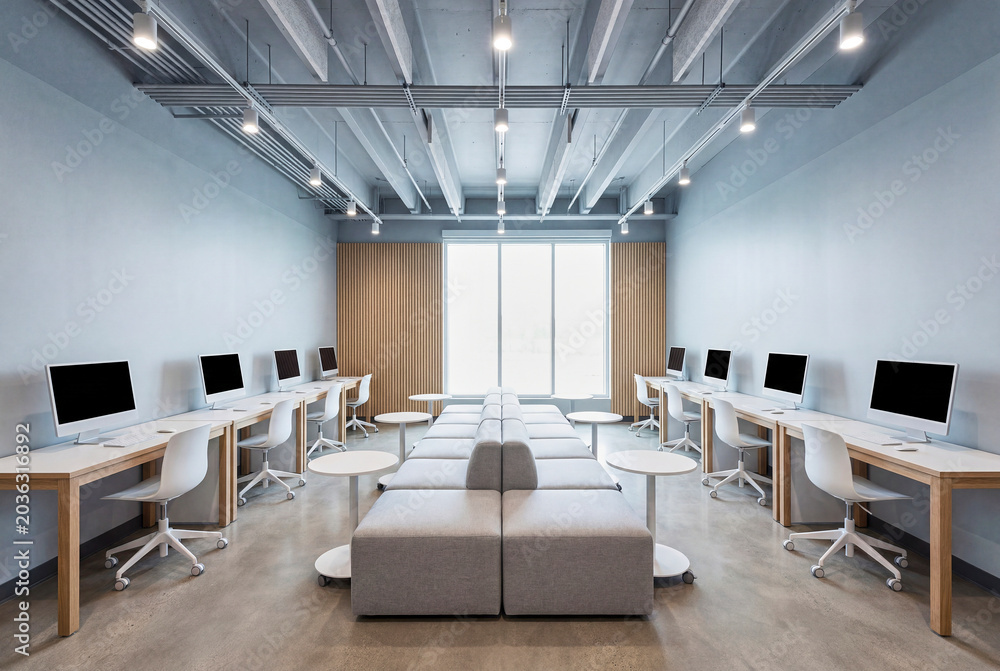 Fototapeta premium Bright Business Office Interior With Open Plan Desks and City Windows for Business and Corporate Use