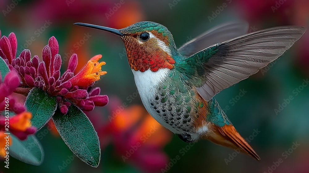 Fototapeta premium A small hummingbird feeding from pink and yellow tropical flowers.