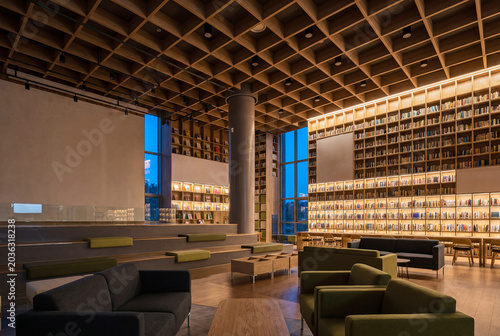 Contemporary Library Interior With Warm Wood Shelving and Comfortable Study Areas for Public Interior Design Themes
