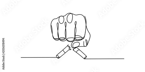Photos Fist crushing a cigarette in a single line drawing, symbolizing quitting smoking