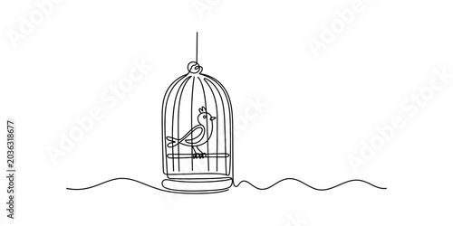 Canvastavla Single line drawing of a cute bird sitting inside a birdcage, simple and minimal