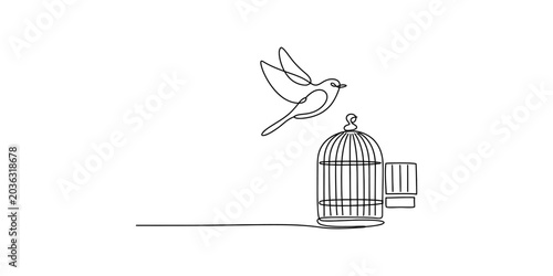 Vászonkép Single line drawing of a bird flying away from an open cage, symbol of freedom a
