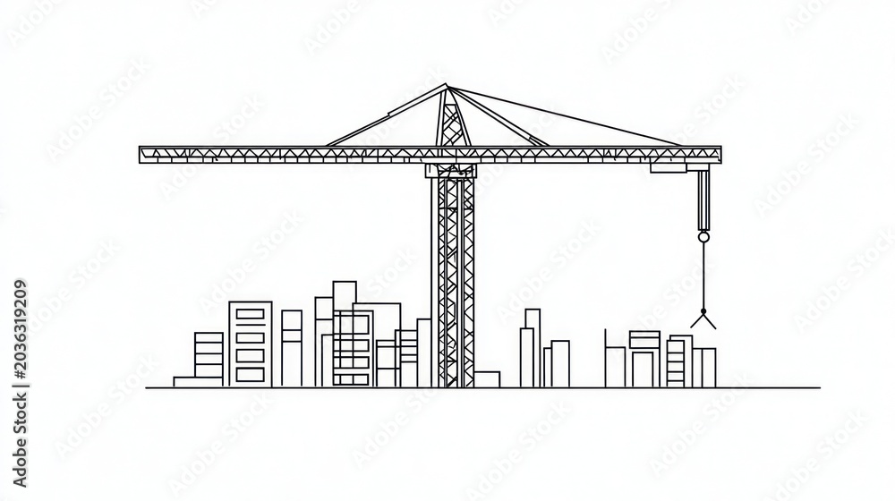 Naklejka premium Minimalist line drawing crane towering over a cityscape against a white background