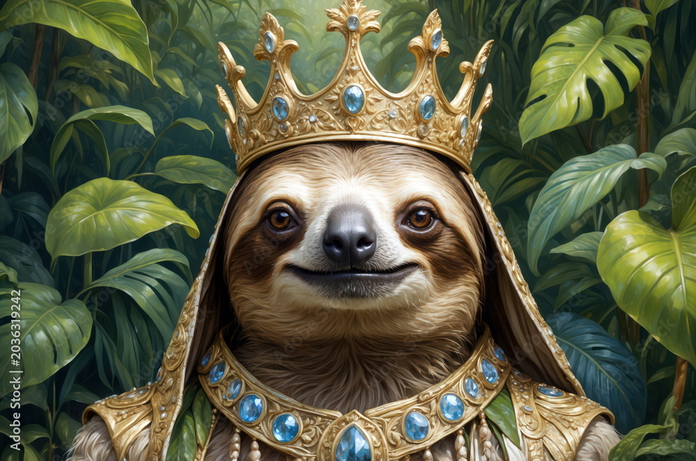 Obraz premium Sloth wearing a golden crown and royal attire in a lush green forest setting