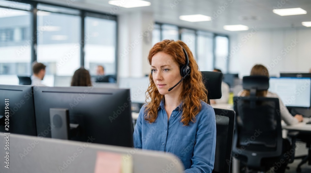 Obraz premium A redheaded woman wearing a professional headset sits at her desk in a modern open plan office. She is focused on her computer screen. Ideal for customer service and business communication themes.