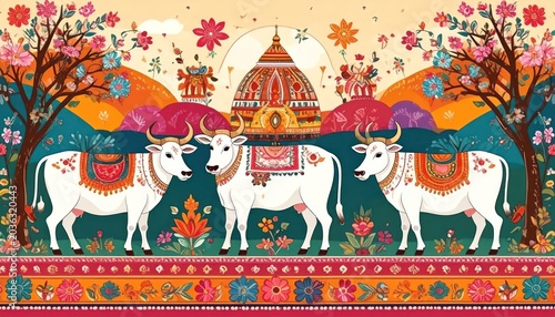 Vibrant Indian Sacred Cows and Temple Illustration with Floral Border.
