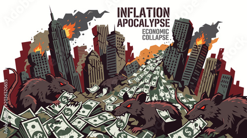 Fotografi Illustration of rats amidst burning cityscape with scattered money and Inflation Apocalypse text in bold letters against a white background