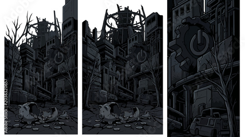 Bild auf Leinwand A dark, monochromatic triptych illustration of a desolate, post-apocalyptic cityscape with ruined buildings and debris, against a stark white background