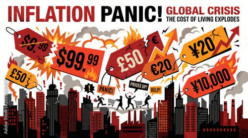 Bild auf Leinwand Graphic illustration of a cityscape with rising prices and people running, depicting a global crisis with a sense of panic and urgency in a bold, red and black color scheme