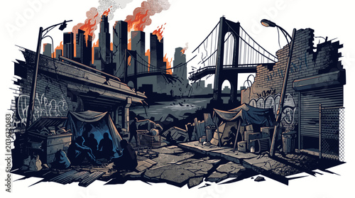 Photos Digital illustration of a desolate cityscape with a bridge, industrial buildings, and smokestacks emitting flames against a white background