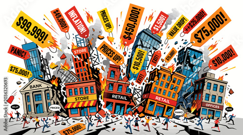 Fotografie Colorful illustration of a city street with buildings and people amidst exploding price tags and signs in a chaotic scene with a vibrant and dynamic mood
