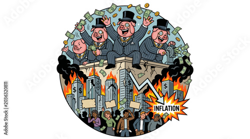Foto Cartoon illustration of three wealthy men in top hats throwing money amidst a cityscape with flames, conveying a chaotic and satirical mood with a mix of grey, orange, and blue tones