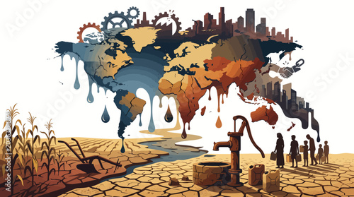 Tableau sur toile Illustration of a melting world map with industrial and natural elements on cracked earth with a well and people in the background