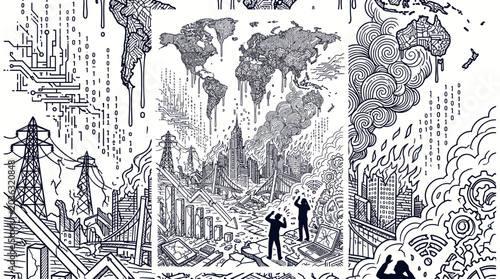 Obraz na płótnie Black and white illustration of two men standing amidst a desolate cityscape with industrial ruins, smokestacks and a polluted atmosphere