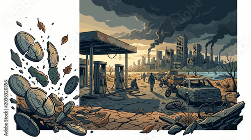 Photos Illustration of a post-apocalyptic cityscape with a destroyed gas station, debris, and a dark stormy sky in the background