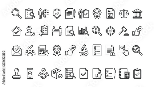 Photos Line icons set of business security and approval concepts with checkmarks and sy