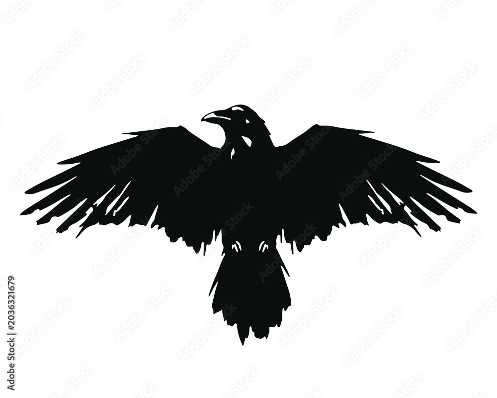 Fototapeta premium Black raven flying silhouette with spread wings. Hand drawn grunge vector illustration of crow bird for gothic design or tattoo emblem.