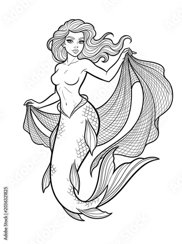 Mermaid Coloring Page Holding Fishing Net, Elegant Fantasy Ocean Character Line Art