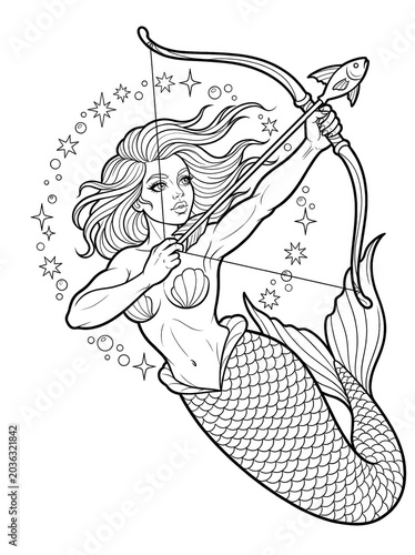 Mermaid Archer Coloring Page with Bow, Arrow, Stars and Bubbles, Fantasy Ocean Warrior Line Art