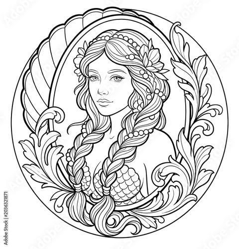 Mermaid Portrait Coloring Page with Braided Hair, Pearl Beads, Seashell Frame and Ocean Leaves
