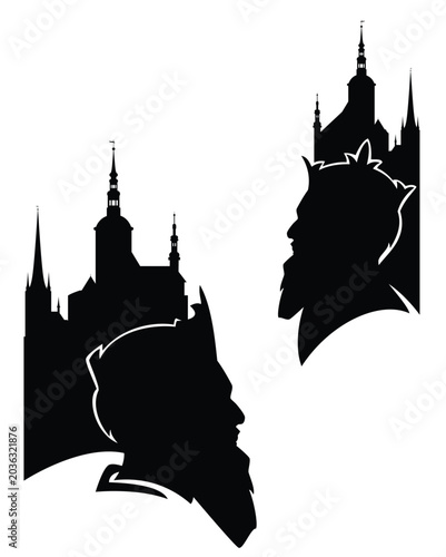 fairy tale noble bearded king wearing royal crown and castle towers - medieval fantasy senior ruler black and white vector silhouette head design