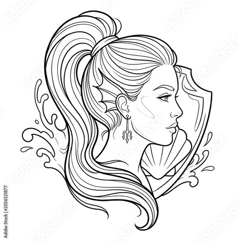 Mermaid Portrait Coloring Page with Ponytail, Shell Shield and Ocean Splash Background