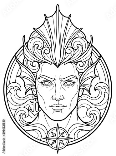 Sea King Portrait Coloring Page with Seashell Crown, Ocean Waves and Compass Rose