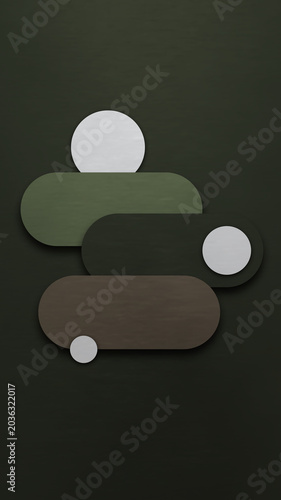 Three overlapping abstract shapes in green, brown, and white on a dark background.
