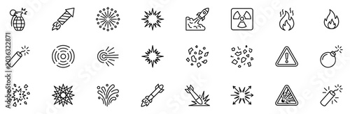 Foto Set of line icons representing explosion, fire, bomb, rocket, fireworks, caution