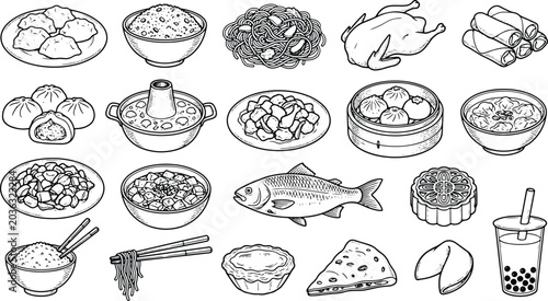 Vintage Asian food illustration collection featuring noodles dumplings rice seafood and bubble tea