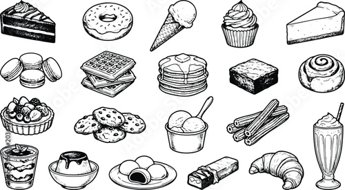 Vintage dessert bakery engraving collection featuring cakes pastries and creamy sweet treat illustrations