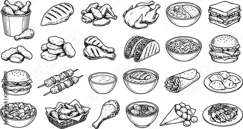 Vintage food engraving collection featuring burgers tacos noodles chicken rice and wraps illustrations