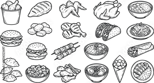 Vintage food meal sketch icon collection featuring burgers tacos noodles chicken and rice