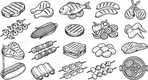Vintage grilled food engraving collection featuring barbecue meats seafood and roasted meal illustrations