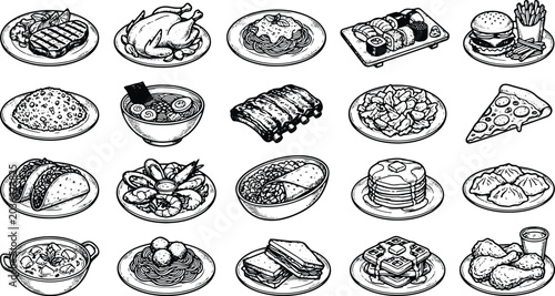 Vintage international meal engraving collection featuring pasta sushi tacos burgers and seafood illustrations
