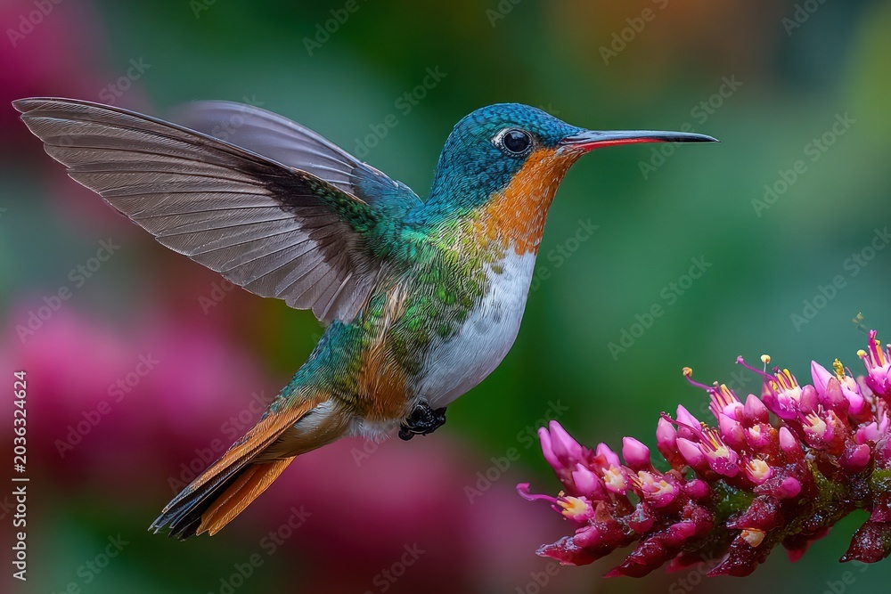 Fototapeta premium Colorful hummingbird approaching pink flowers in a soft focus garden.