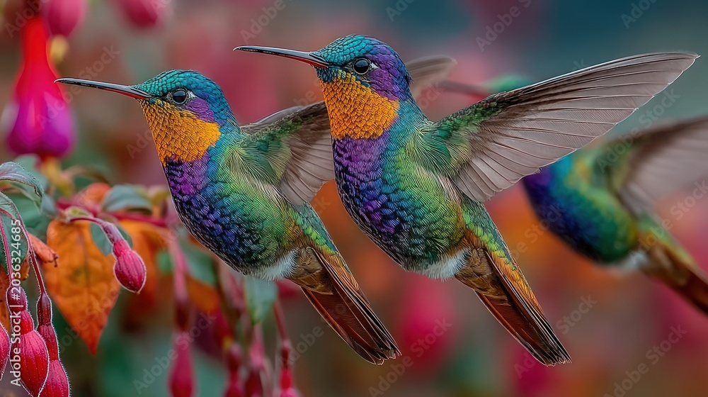 Obraz premium Colorful hummingbirds hovering near pink fuchsia flowers in a lush garden.