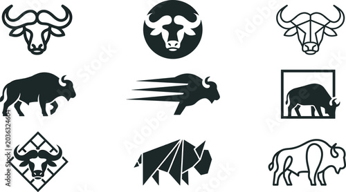 Bild auf Leinwand Minimal Buffalo Logo Vector Collection Featuring Modern Bison Icons, Geometric A