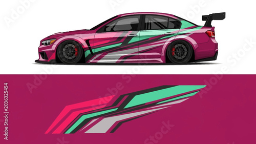 Colorful Racing Car with Pink, Teal and Mint Livery in Side Profile.