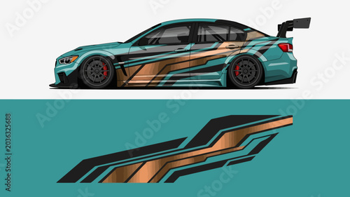 Foto Side profile of a stylized race car with teal and orange graphics